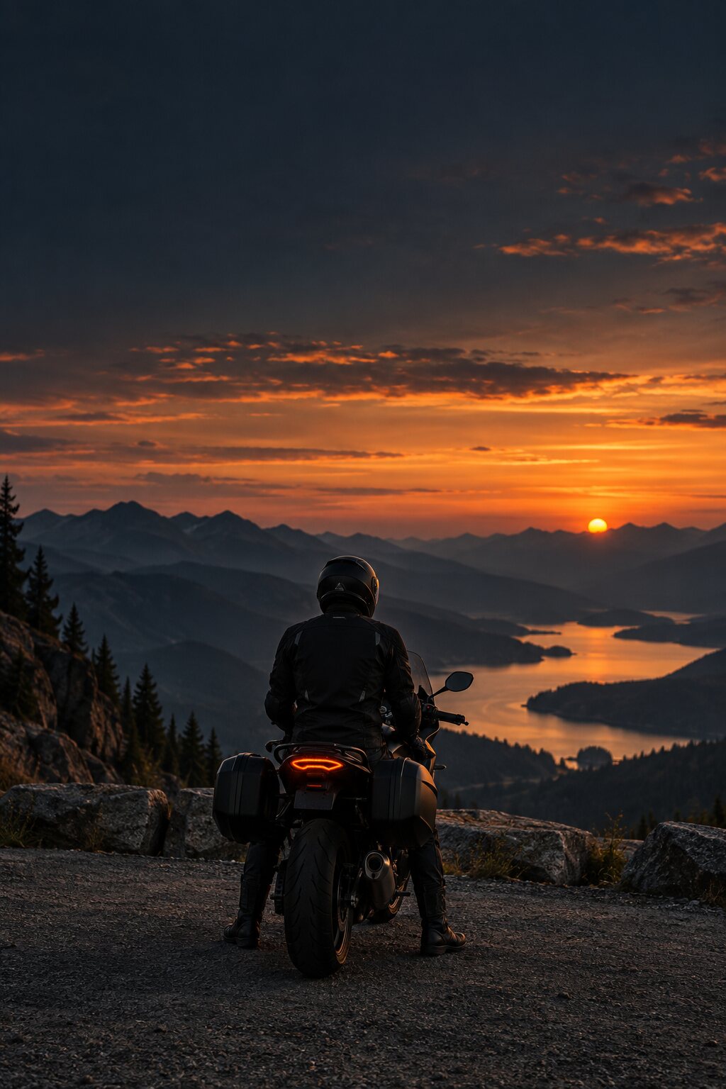 Motociclista contemplando un atardecer sobre las montañas y un lago